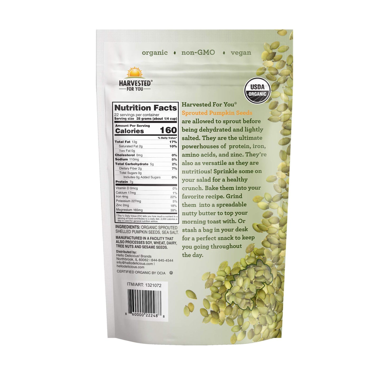 Harvested For You Sea Salted Sprouted Pumpkin Seeds, 22Oz Bag, Non Gmo, Paleo, Gluten Free, Vegan, Organic, Plant Based, Keto