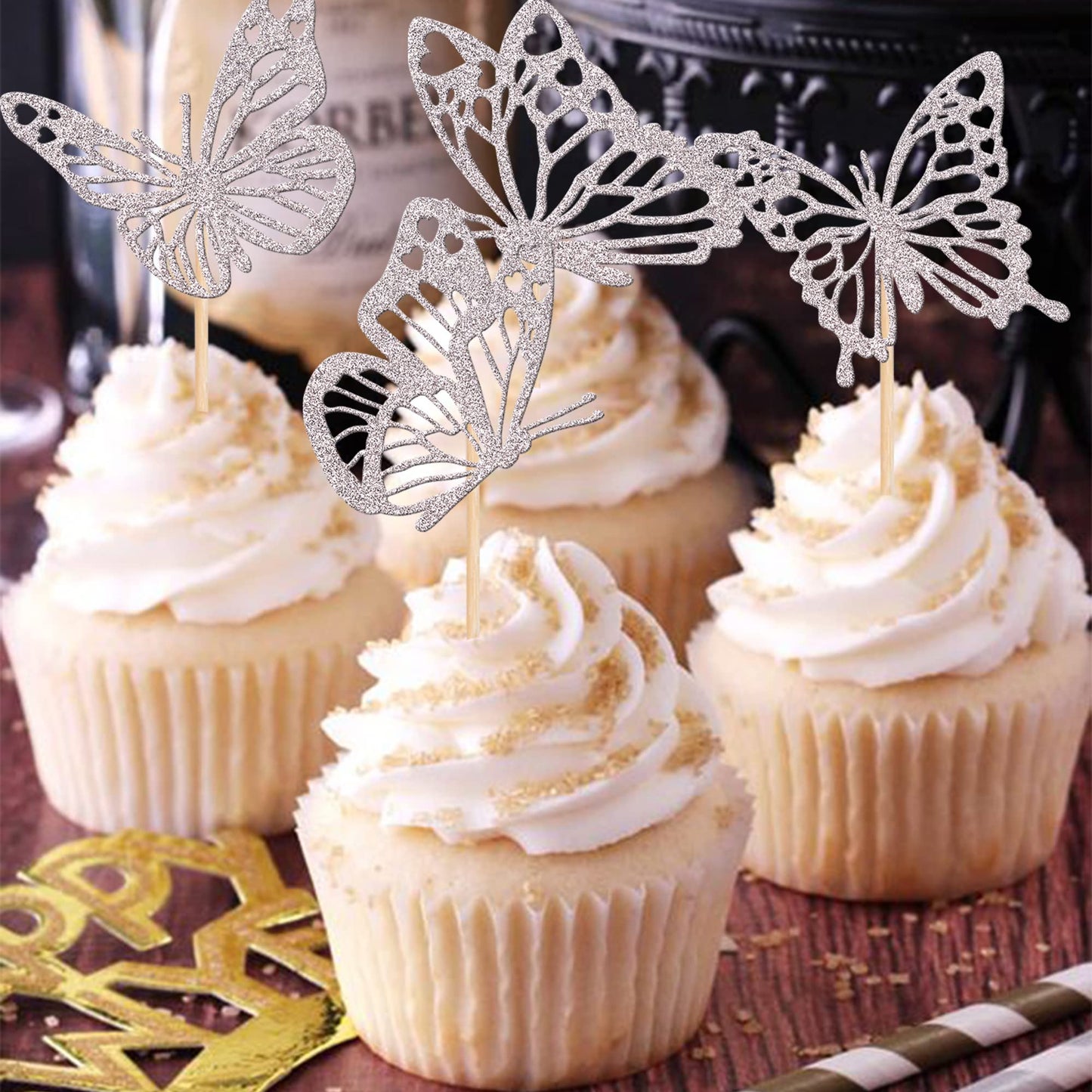 Rssta i Butterfly Cupcake Toppers, 24 Pack, Glitter, Silver, Paper, Model XM248-silver, Baby Shower & Kids Birthday Party Decorations