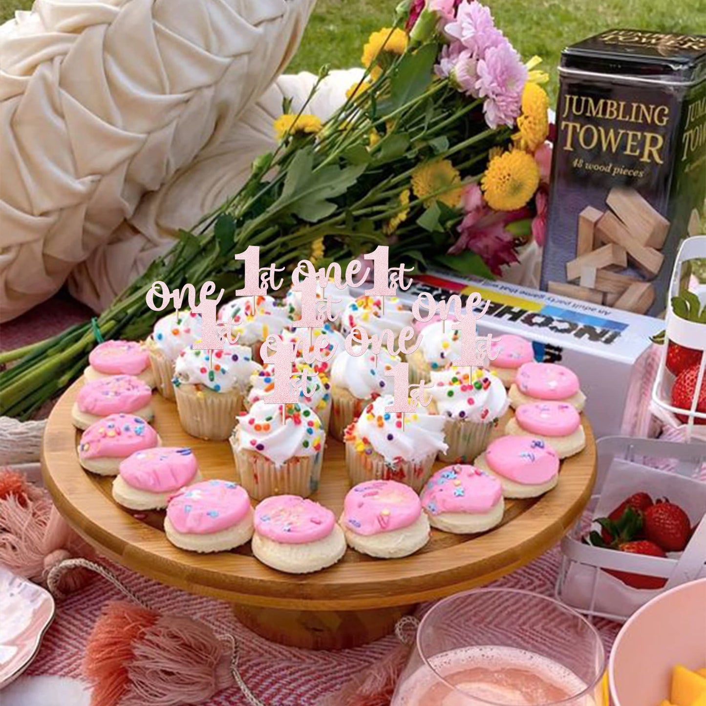 Rssta i Cupcake Toppers 24 Pack Glitter for 1st Birthday Party Decorations, Pink, Model XM060-Pink, Paper Material