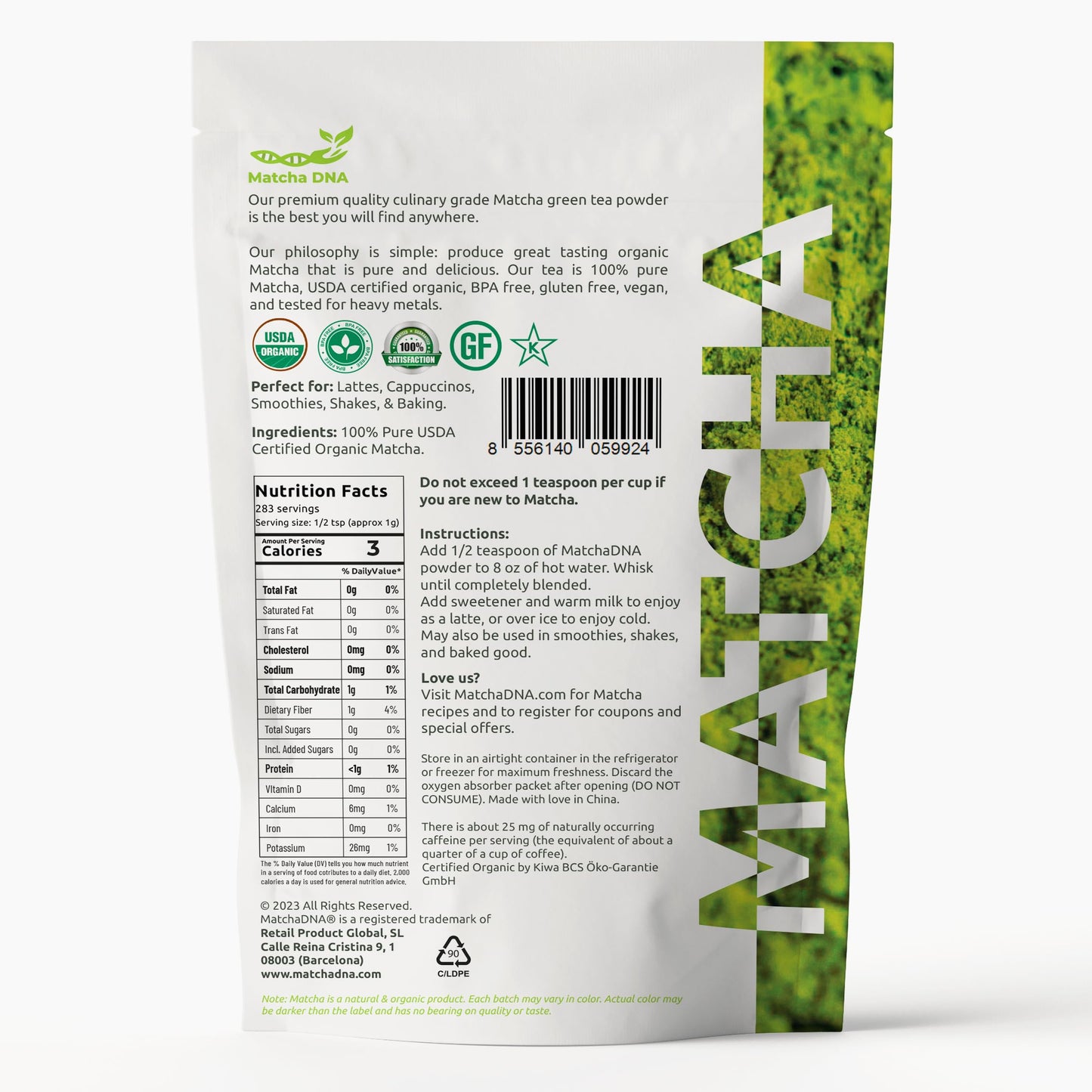 MATCHA DNA Organic Matcha Green Tea Powder - Culinary Grade - 10 oz - Green