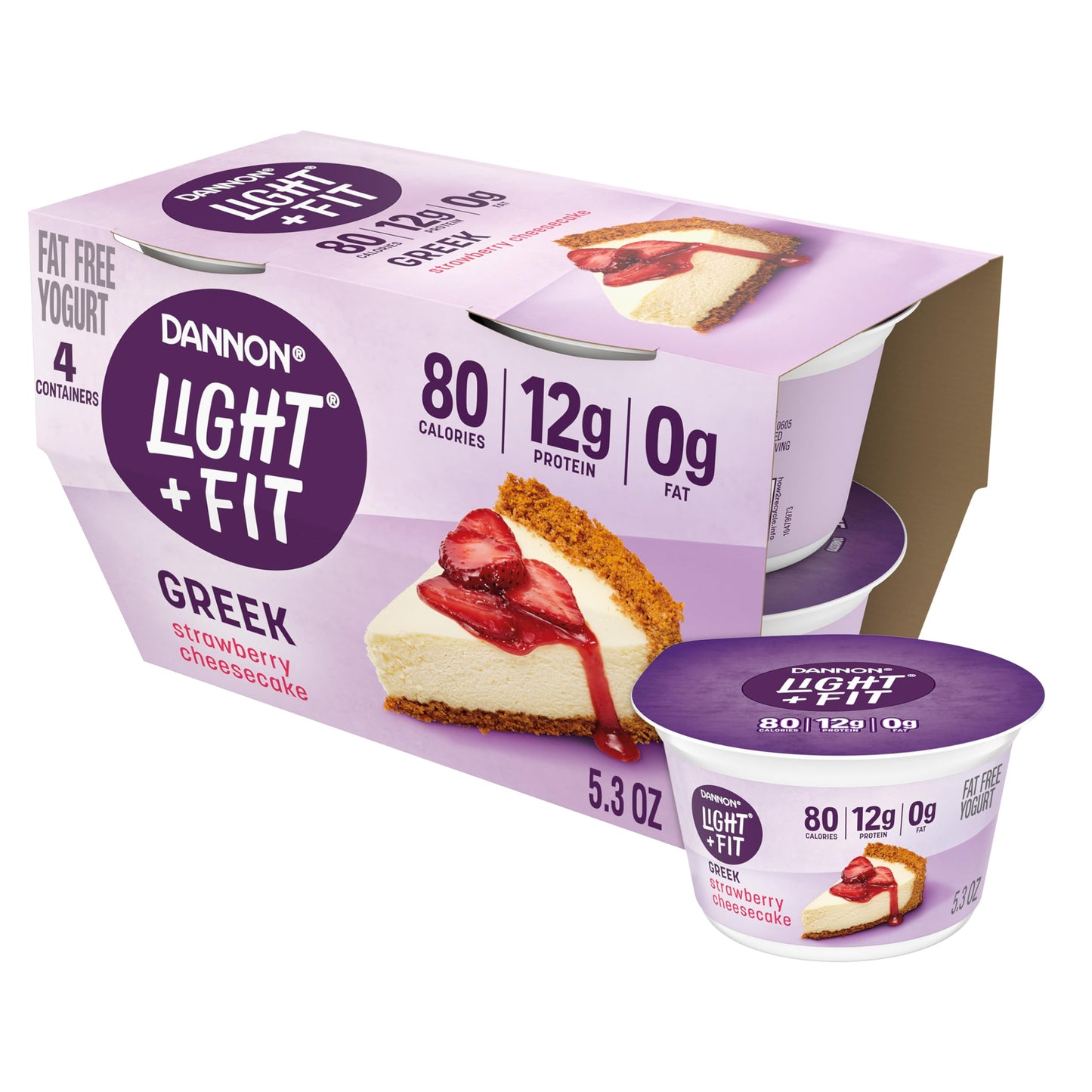 Dannon Light + Fit Greek Strawberry Cheesecake Fat Free Yogurt, Creamy and Delicious Gluten Free Yogurt, 4 Ct, 5.3 OZ Yogurt Cup