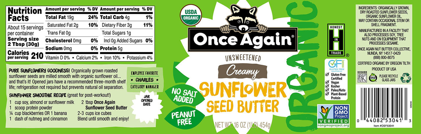 Once Again Organic Creamy Sunflower Butter, 16Oz - Salt Free, Unsweetened - Peanut Free, Usda Organic, Gluten Free Certified, Vegan, Kosher - Glass Jar (1 Jar)