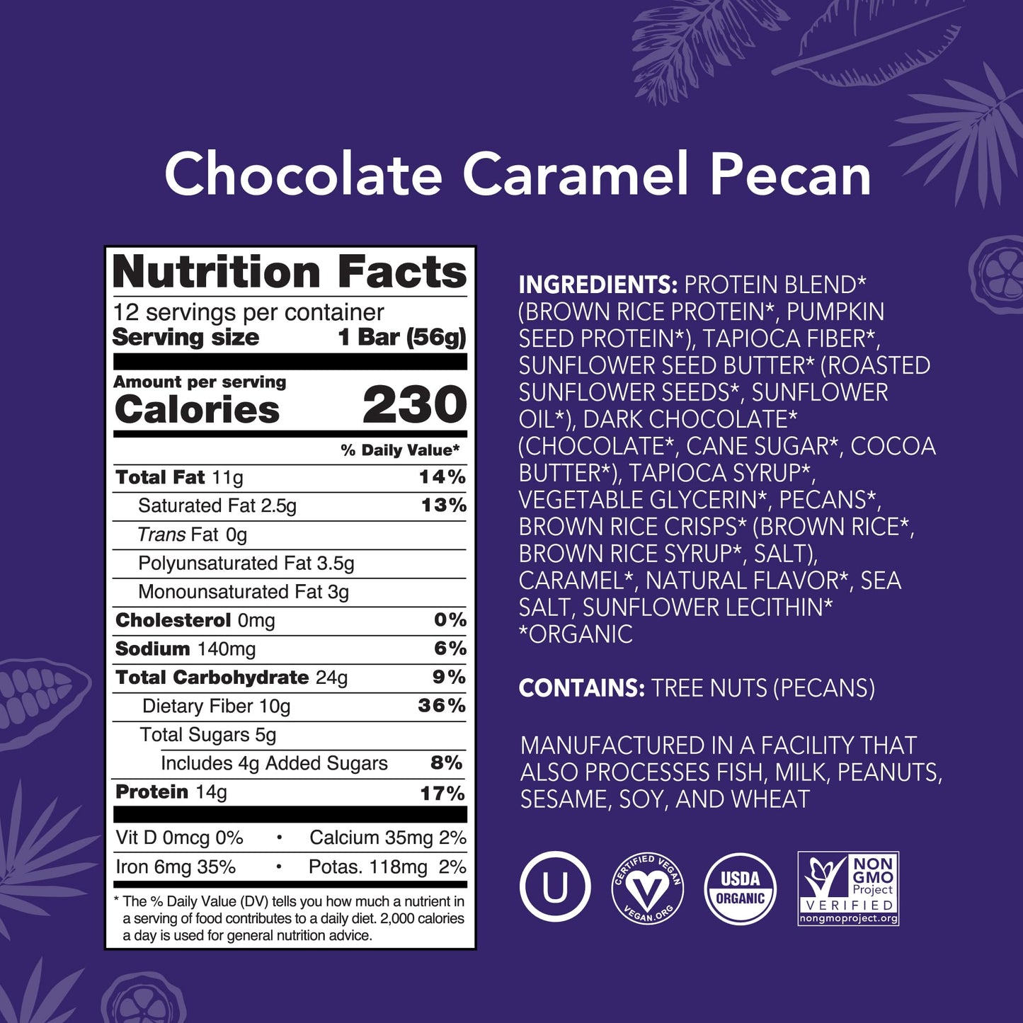 ALOHA Organic Plant Based Protein Bars, Chocolate Caramel Pecan, 12 Count, Vegan, Low Sugar, Gluten Free, 1.98oz Bars