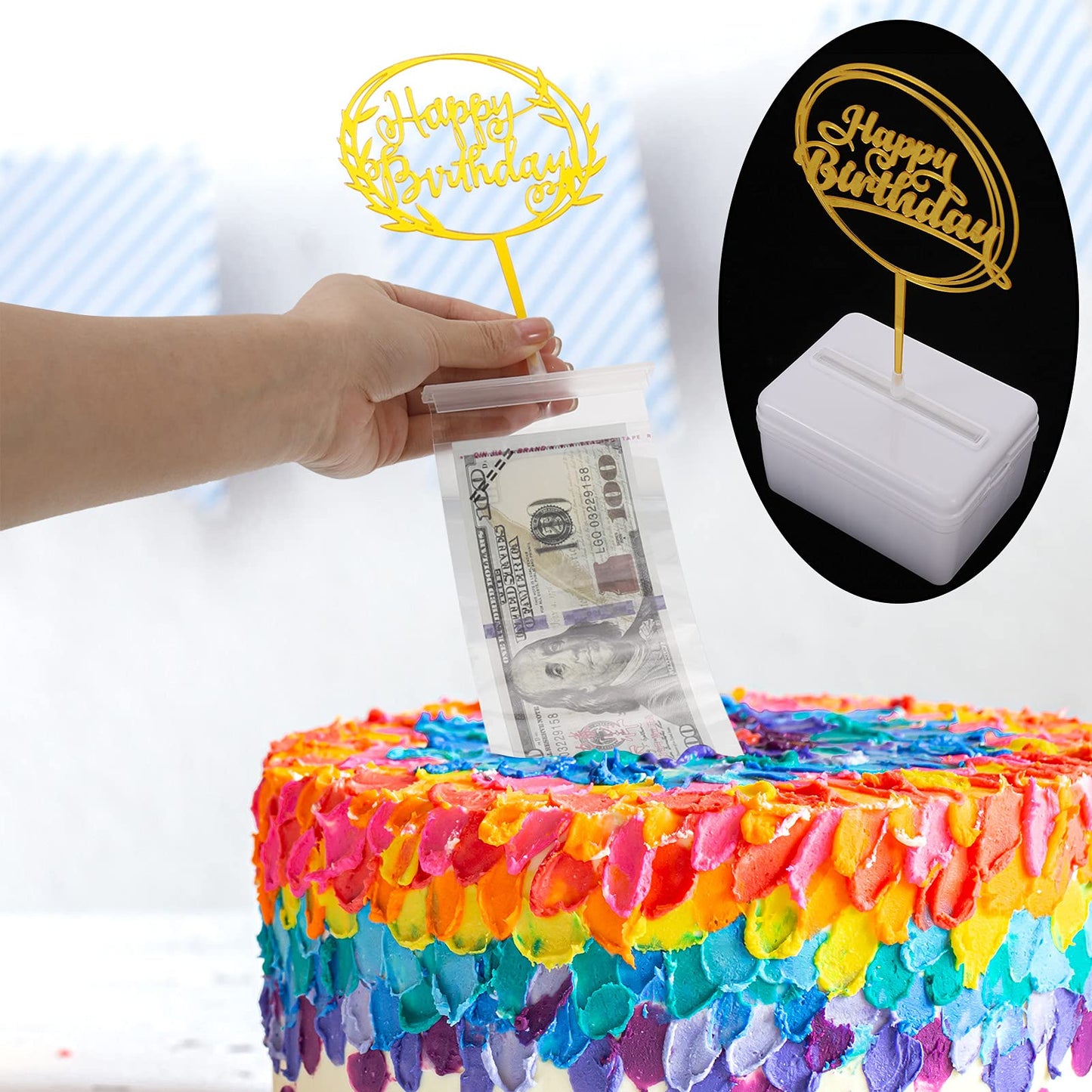 Joeleli 107 Pieces Cake Money Box Kit, 6 Pieces Happy Birthday Cake Topper,100 Pieces Clear Bags Connected Pockets, Cake Money P