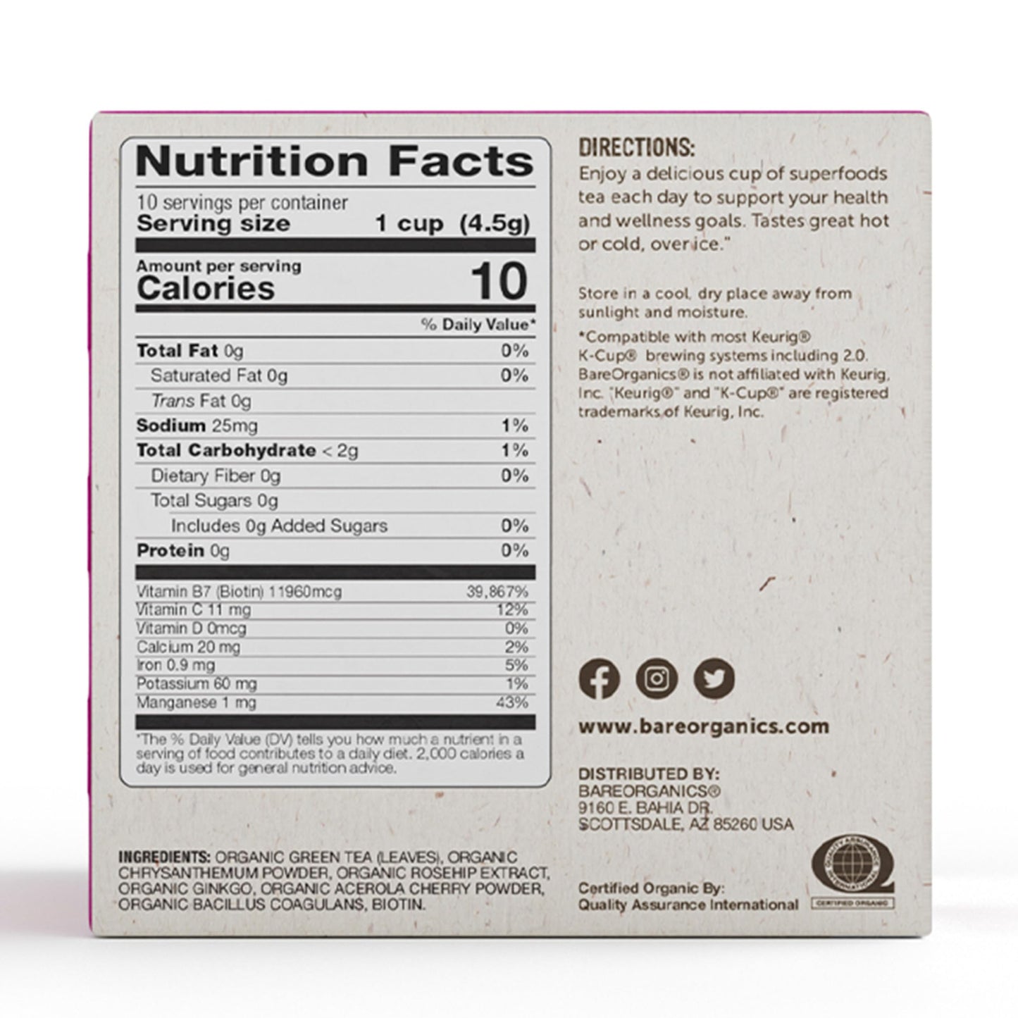 BareOrganics Radiant Tea withuperfoods & Probiotics | Compatible Tea Pods | USDA Certified Organic, Vegan, Non-GMO & Recyclable,
