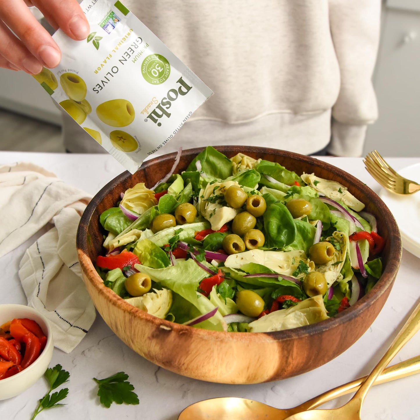 Poshi Green Olives On-The-Go - Original Flavor - Single Serve Pitted Olives - Convenient And Healthy Snack Packs - All Natural,