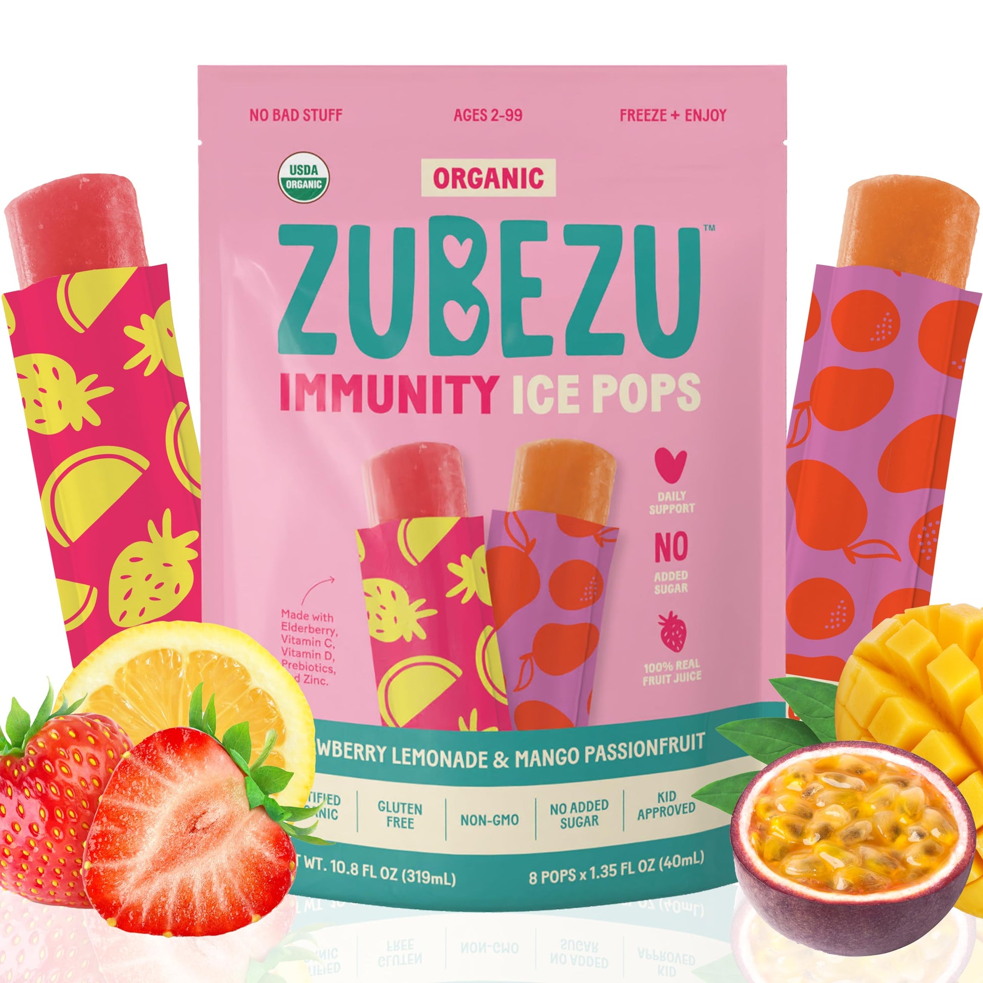 ZuBeZu Organic Immunity Ice Pops - Natural Support for Childrens Immune System with Elderberry  Vitamin C & D  and Zinc - No Added Sugar and 100% Fruit Juice