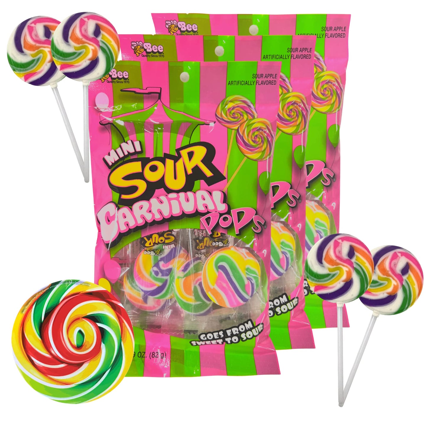 Needzo Mini Carnival Lollipop Packs, Shareable Individually Wrapped Traditional Multi Colored Swirl Pops, 7 Lollipops Per Bag, Pack Of 3 (Sour)