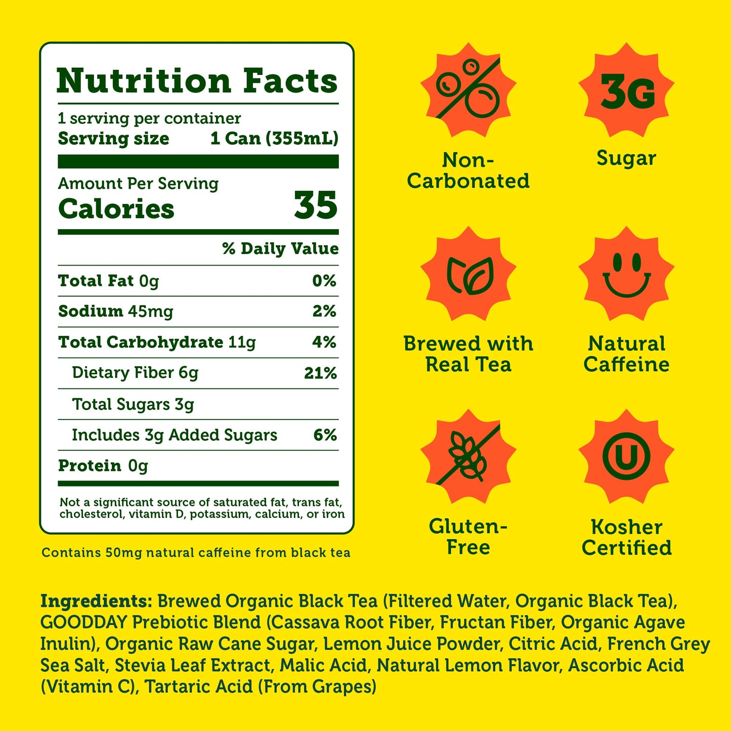 Halfday Prebiotic Lemon Iced Tea 12-Pack - Nostalgic Flavor, Low Sugar, Incredible Taste - Paleo, Gluten Free, Drinks For Gut He