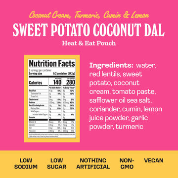 Brooklyn Delhi Sweet Potato Coconut Dal Pouches - Ready To Eat, Microwavable Entree - Vegan, Gluten Free, Non-Gmo - 10Oz, Pack O