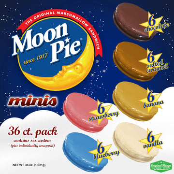 Moon Pie Mini Snack Pies - 36 Pack, 6 Flavors: Original, Blueberry, Vanilla, Banana, Strawberry, Salted Caramel, 1oz Each