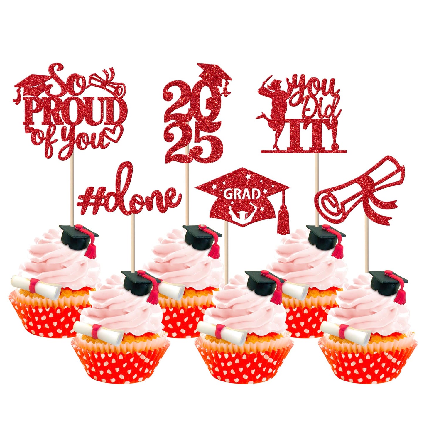 YCTHUNFISH Graduation Cupcake Toppers, 24 Pack, Red, Bamboo, Glitter, 2025 Graduation Theme Party Decorations