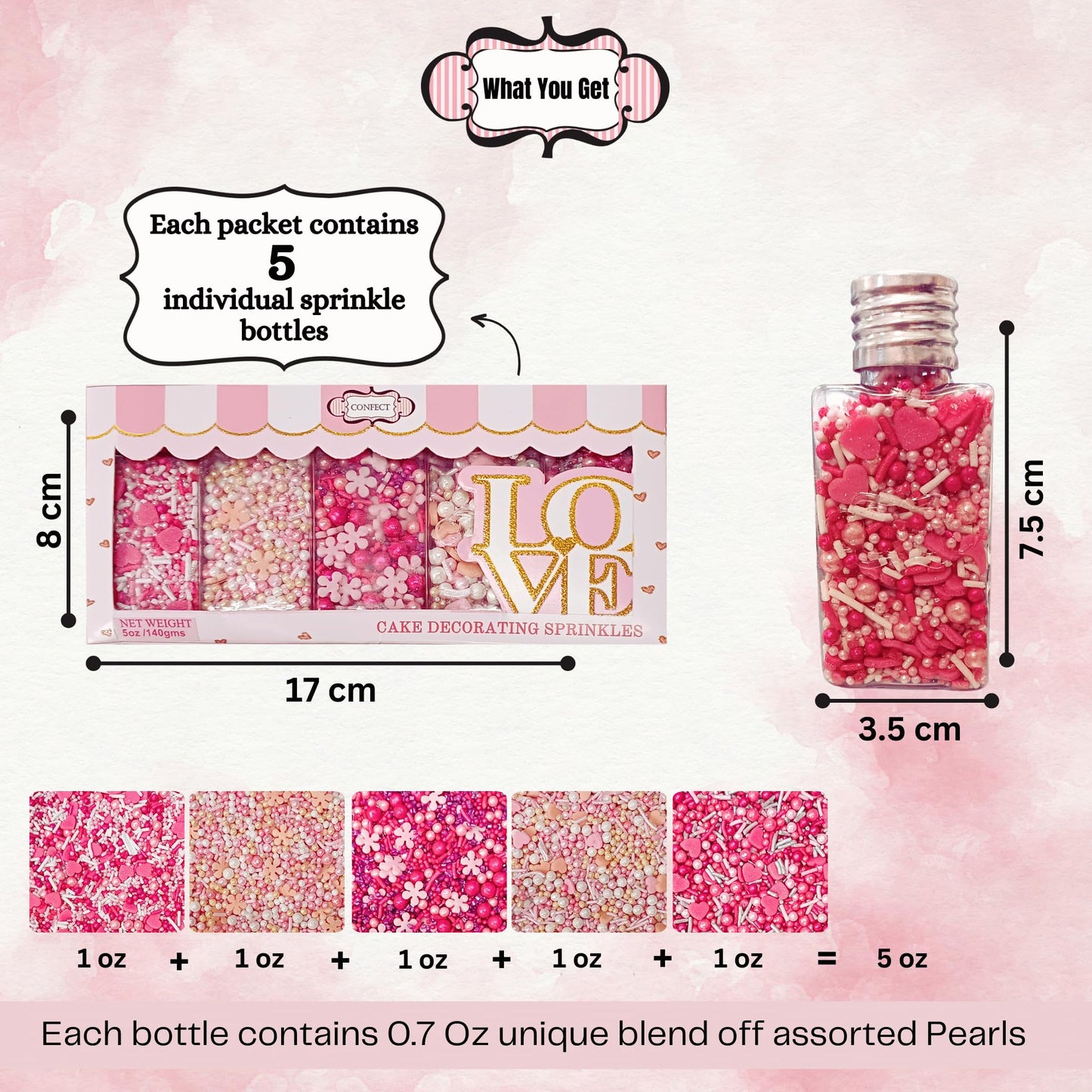 Confect Valentines Day Sprinkles Mix - Pink, Gold & White Pearl Heart Sprinkles With Sparkling Sugar - Edible Baking Decorations