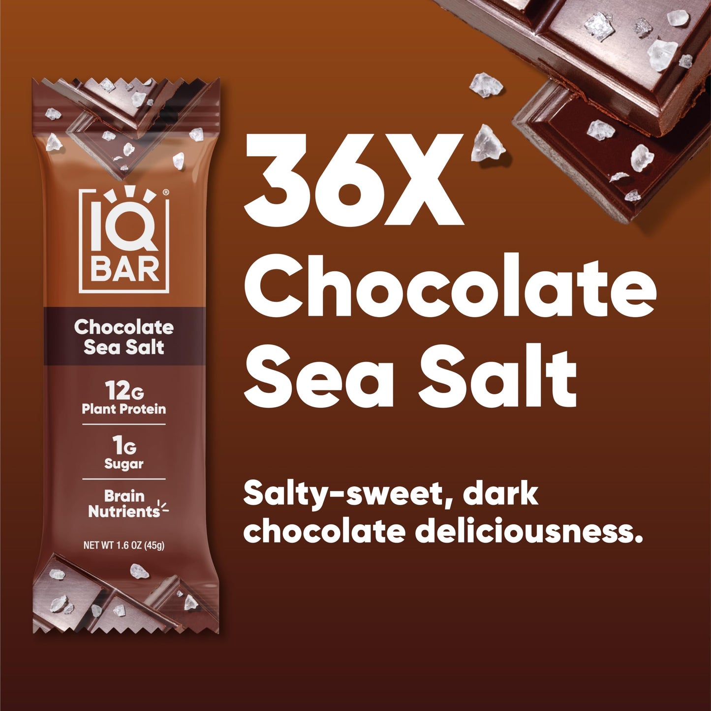 IQBAR Brain and Body Plant Protein Bars - Chocolate Sea Salt - 36 Count, Low Carb, High Fiber, Gluten Free, Vegan Snacks - Low S