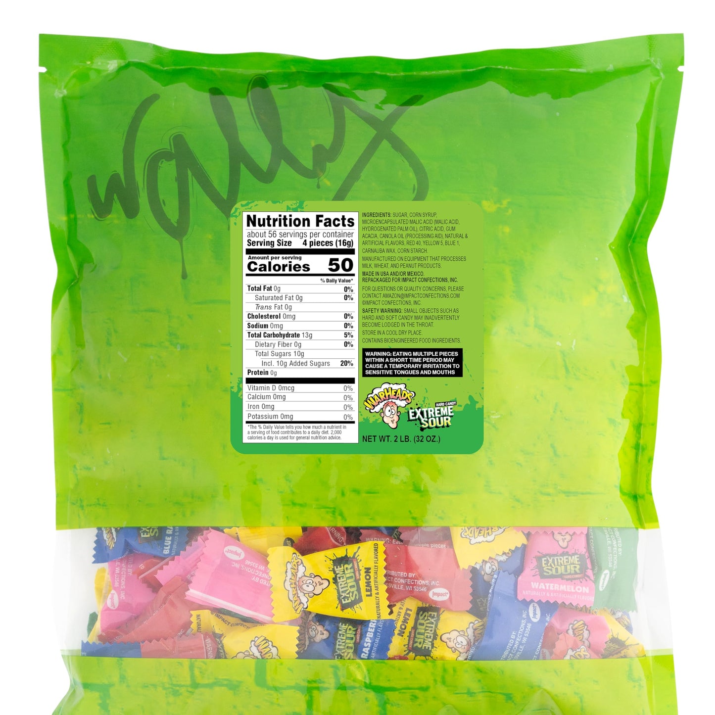 Warheads - Extreme Sour Hard Candy - Sour Apple, Black Cherry, Blue Raspberry, Lemon & Watermelon Flavors - 2 Lb. Bulk Bag