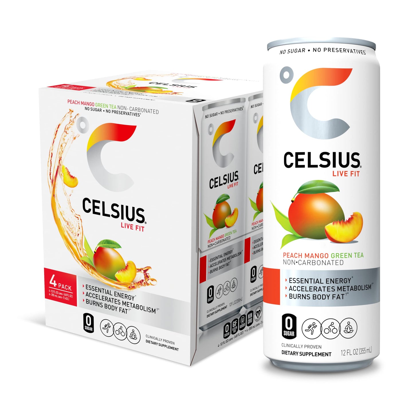 CELSIUS Fizz Free Peach Mango Green Tea  Sugar Free Energy Drink  12 Fl Oz (Pack of 4)