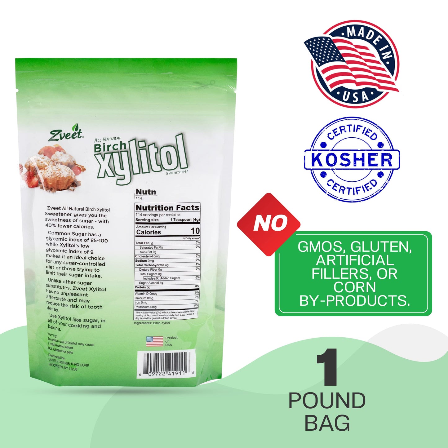 Zveet Birch Xylitol Sweetener - Keto Friendly, Non-GMO, 1 Pound, Green