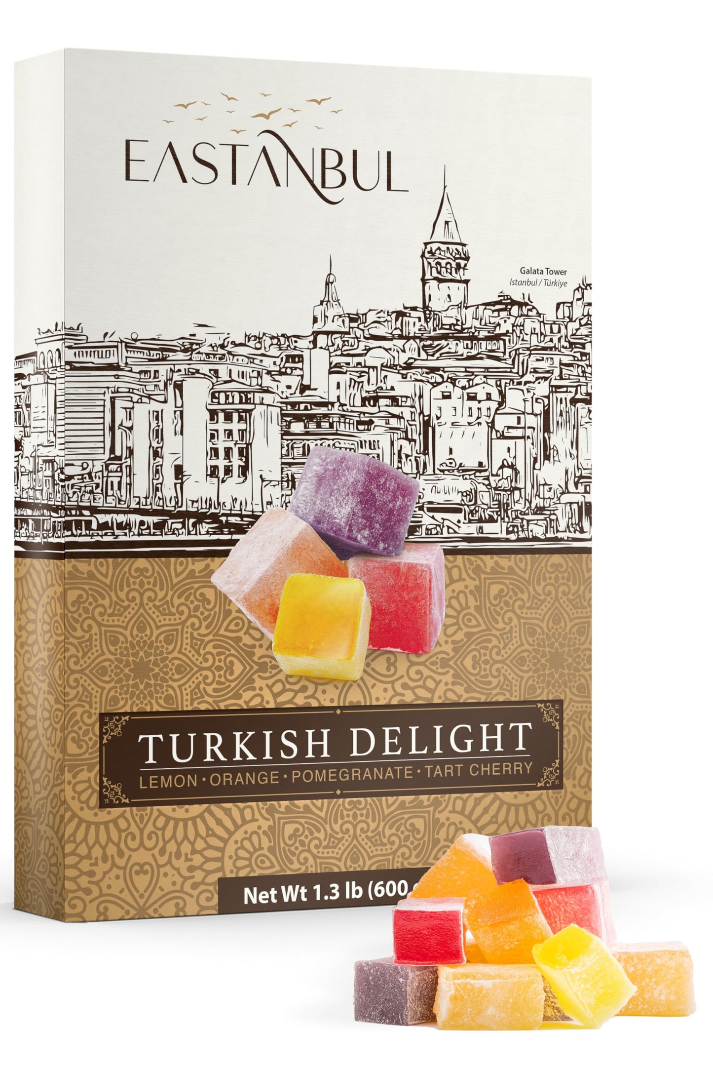 Eastanbul Turkish Delight Candy 21.2Oz, 4 Flavors Pomegranate, Orange, Tart Cherry, & Lemon Turkish Delights Assorted, Foreign C