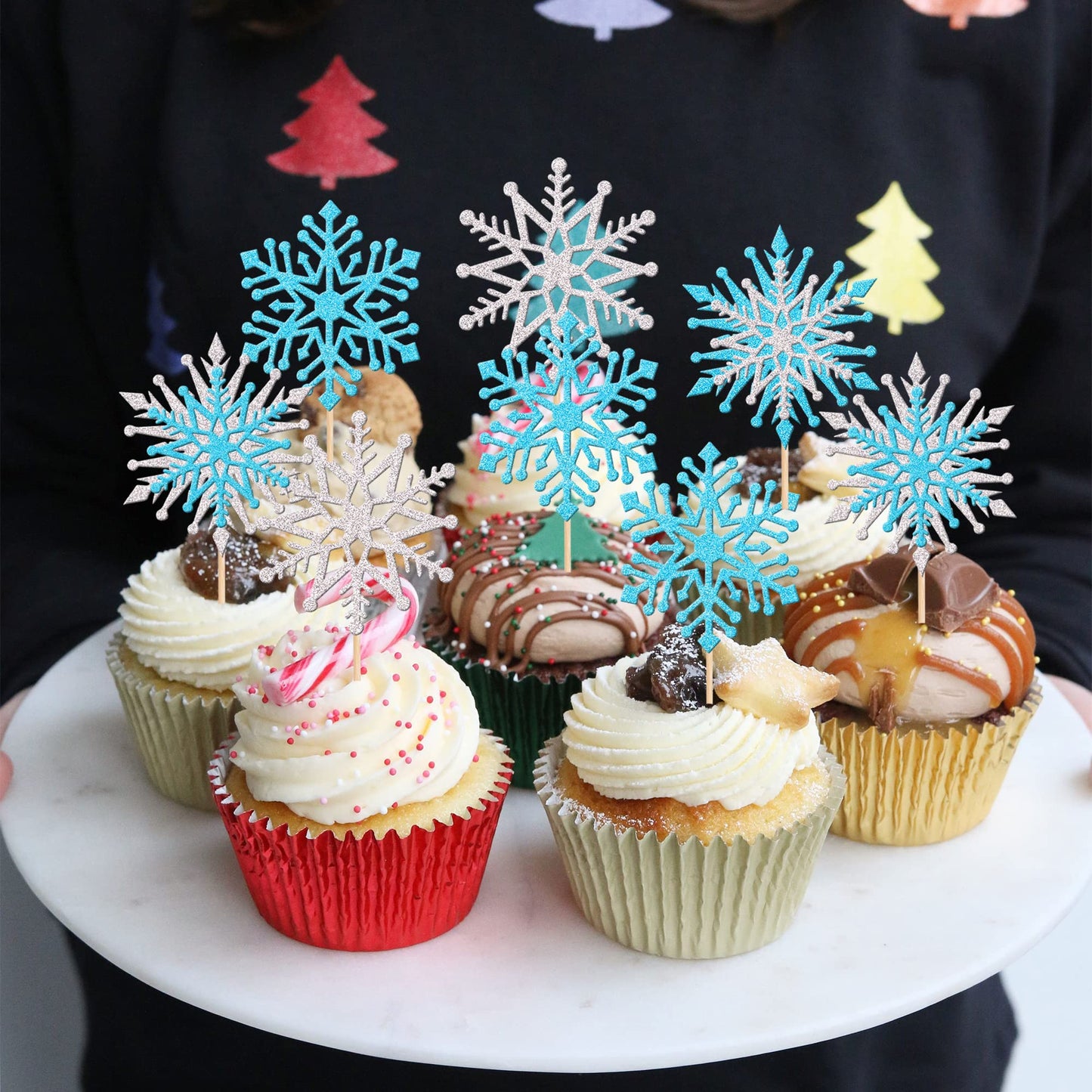 ZHUOWEISM 24 PCS Glitter Snowflake Cupcake Toppers Winter Wonderland Cake Decorations Small Silver Design 6