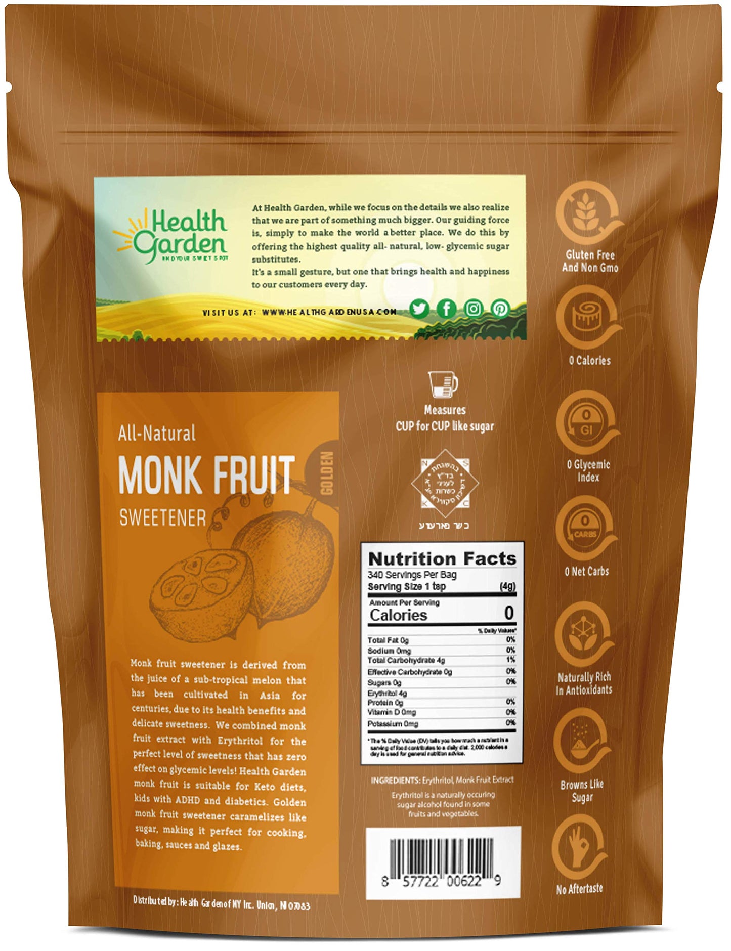 Health Garden Monk Fruit Sweetener, Golden- Non Gmo - Gluten Free - Sugar Substitute - Kosher - Keto Friendly (3 Lbs)