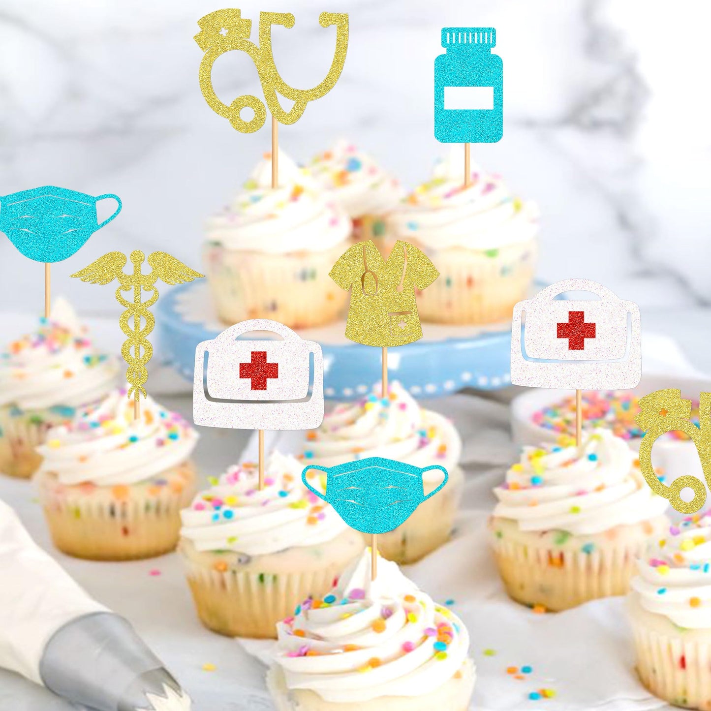 Ercadio Nurse Cupcake Toppers, 24 Pcs, Paper, Red, Happy Nurse Week, Cake Decorations for Nursing School Graduation Party