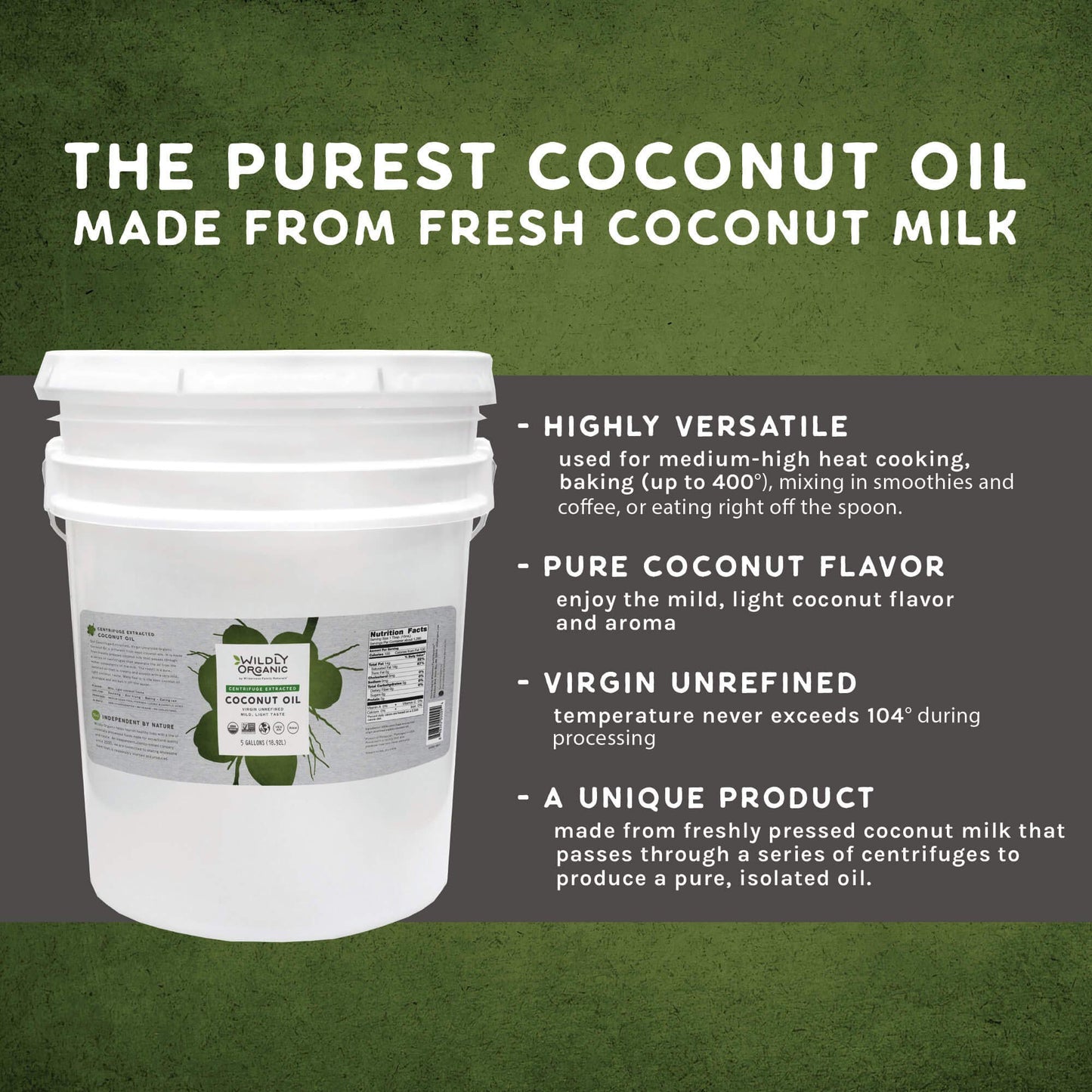 Wildly Organic Centrifuge Extracted Organic Virgin Coconut Oil 640 Fl Oz, 5 Gallon - Organic, Unrefined, Raw, Non-Gmo, Vegan, Pe