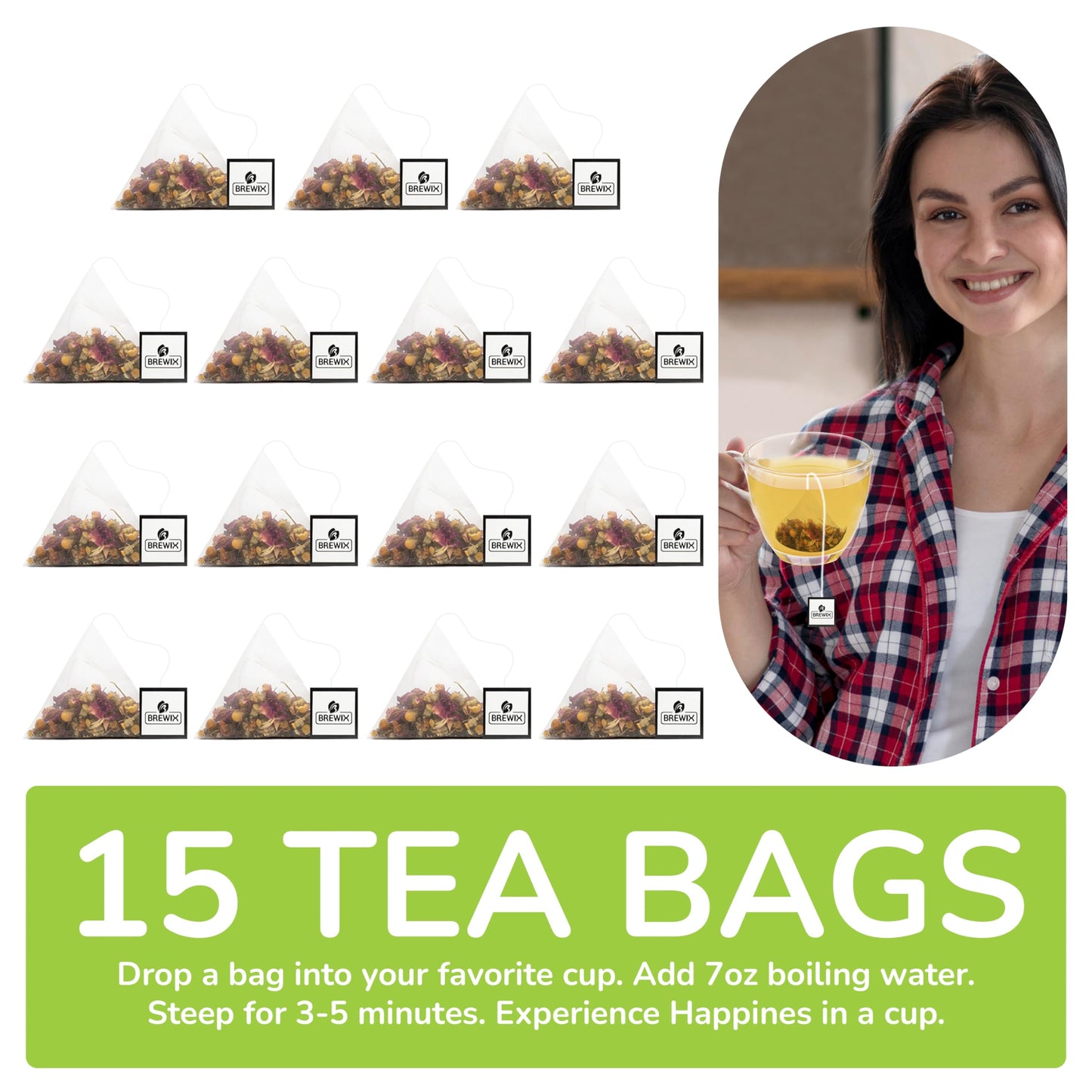 BREWIX Holy Basil Tea Bags, Caffeine Free Herbal Tea with Tulsi and Chamomile, 15 Pyramid Tea Bags, 1 Count