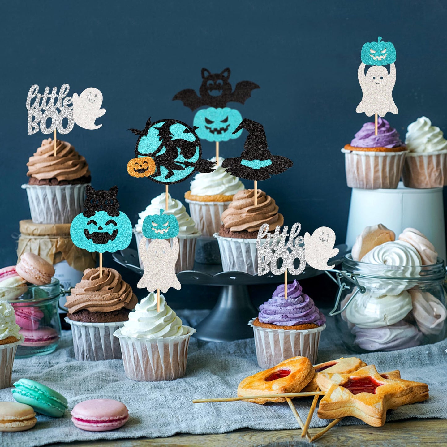 Ercadio 24 Pack Happy Halloween Cupcake Toppers Glitter Little Boo Cupcake Picks Ghost Pumpkin Cupcake Picks For Baby Shower Bir