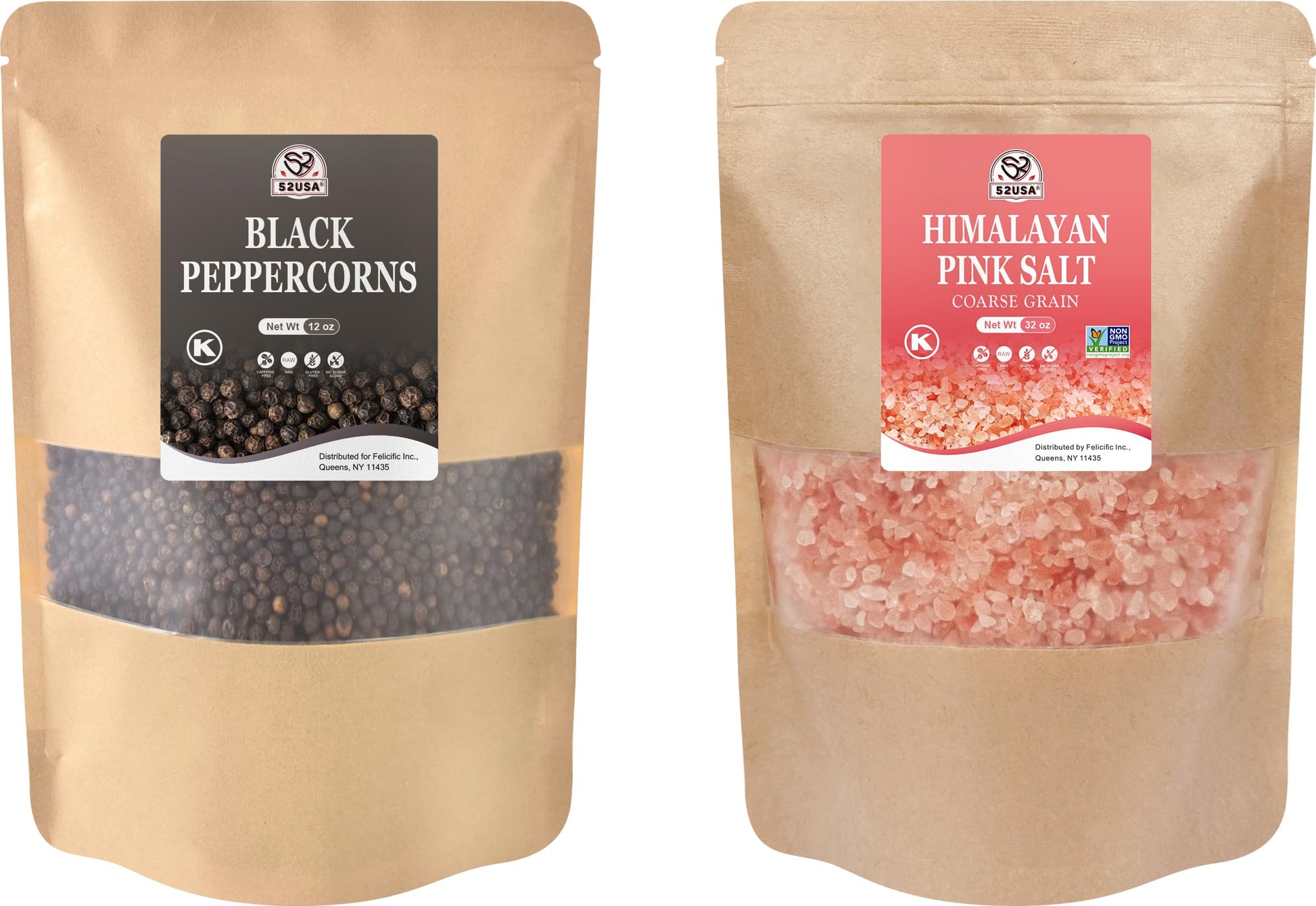 52USA Whole Black Peppercorns 12 oz + Himalayan Pink Salt (Coarse Grain) 2 lb - Salt and Pepper Grinder, Black Peppercorn Refil,