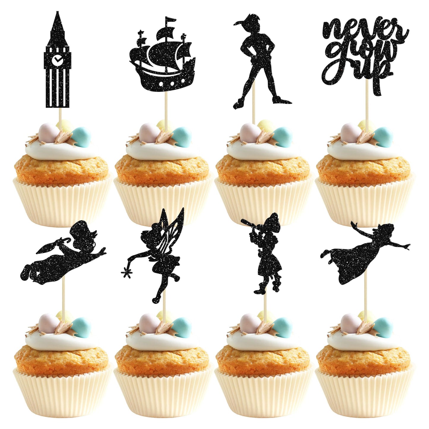 Gyufise 24 Pack Never Grow Up Cupcake Toppers Star Glitter Neverland P Pan Cupcake Picks Night Fairy Tales Elf Girl Cake Decorat