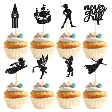 Gyufise 24 Pack Never Grow Up Cupcake Toppers Star Glitter Neverland P Pan Cupcake Picks Night Fairy Tales Elf Girl Cake Decorat
