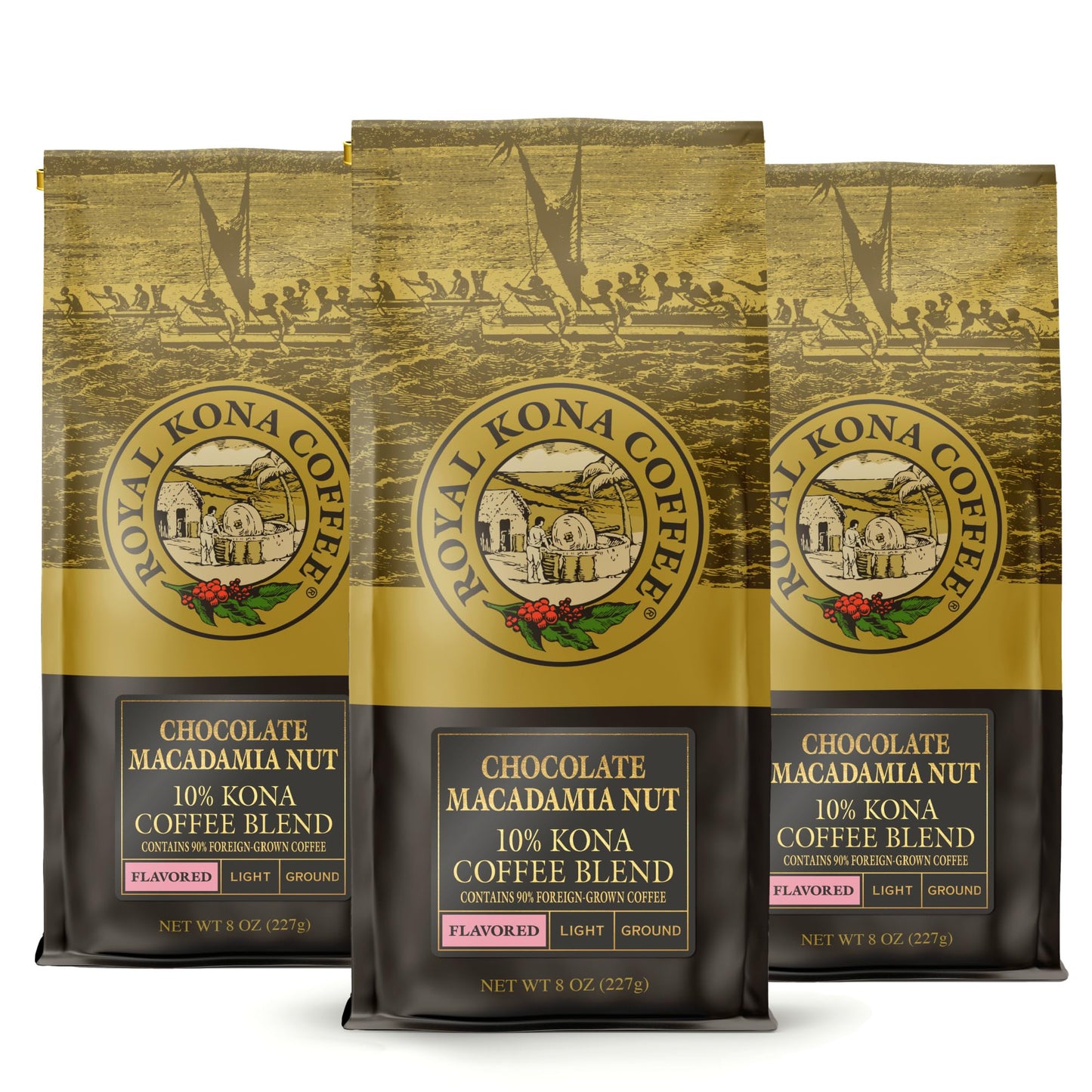 Royal Kona 10% Kona Coffee Blend, Chocolate Macadamia Flavor - Ground, 8 Ounce Bag (Pack of Three)