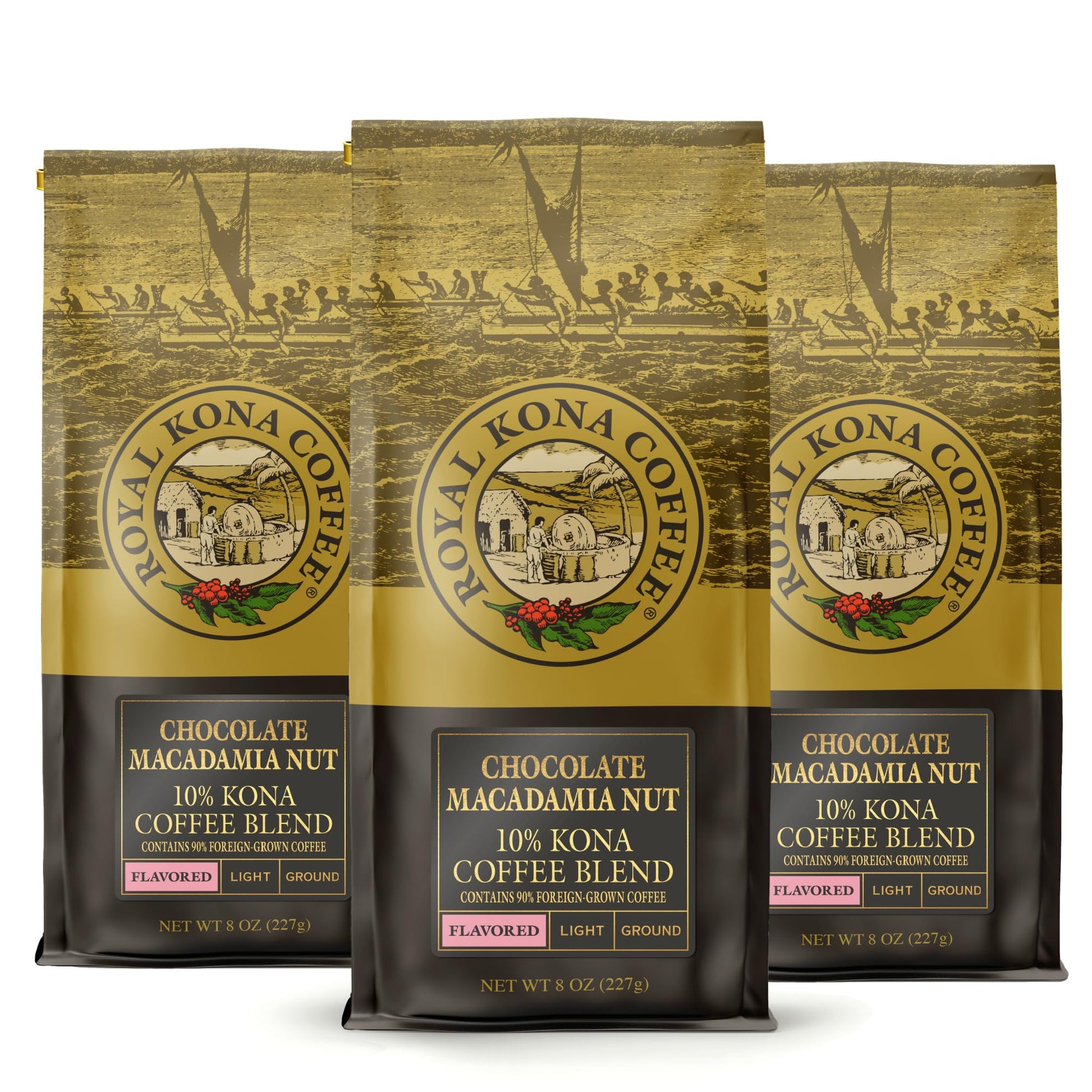 Royal Kona 10% Kona Coffee Blend, Chocolate Macadamia Flavor - Ground, 8 Ounce Bag (Pack of Three)