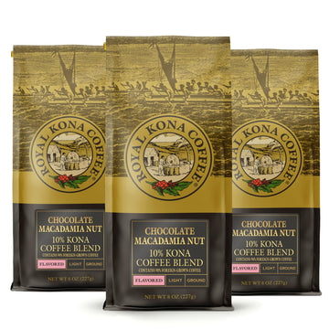 Royal Kona 10% Kona Coffee Blend, Chocolate Macadamia Flavor - Ground, 8 Ounce Bag (Pack of Three)