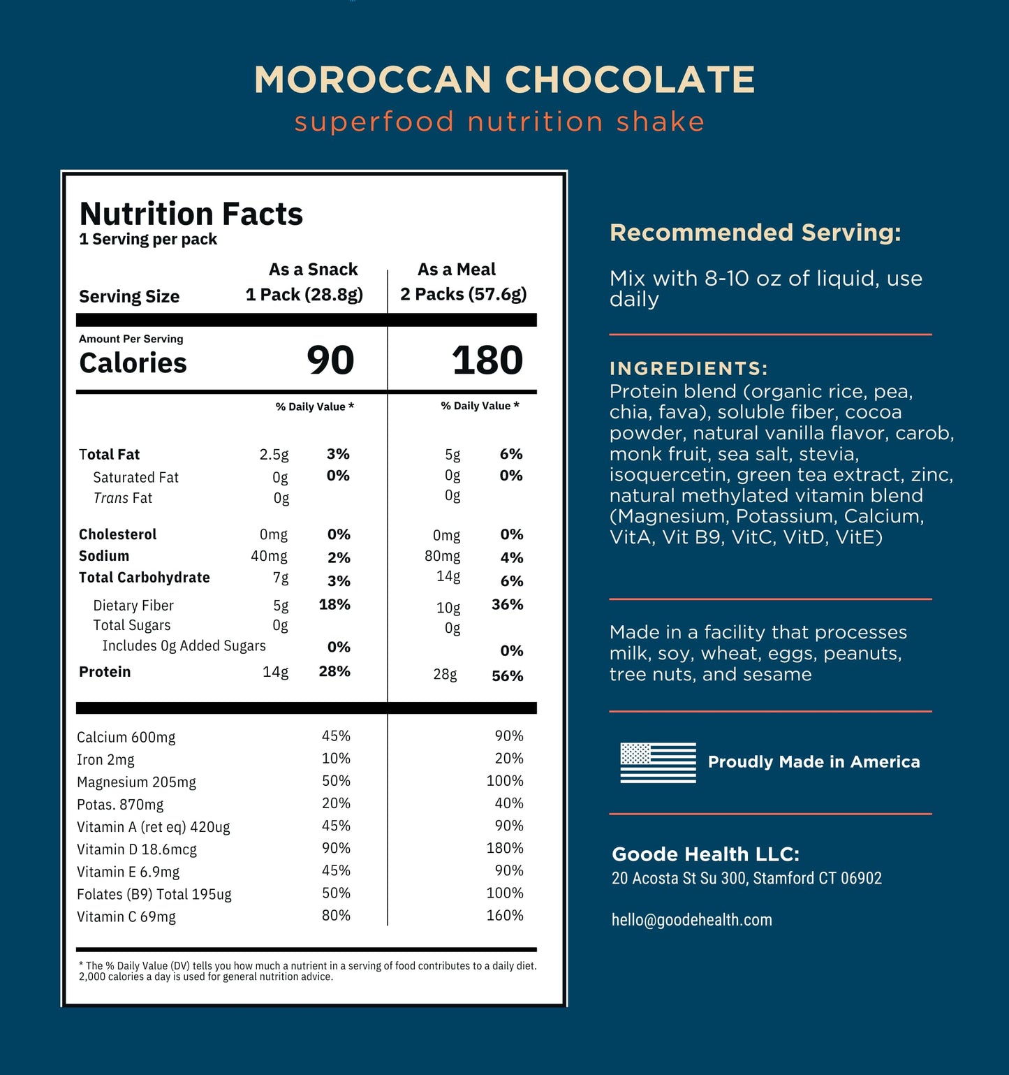 Goode Health Moroccan Chocolate Superfood Shake - 7 On-The-Go Packs, 15g Vegan Protein, 5g Fiber, Zero Sugar, 1 Ounce Each