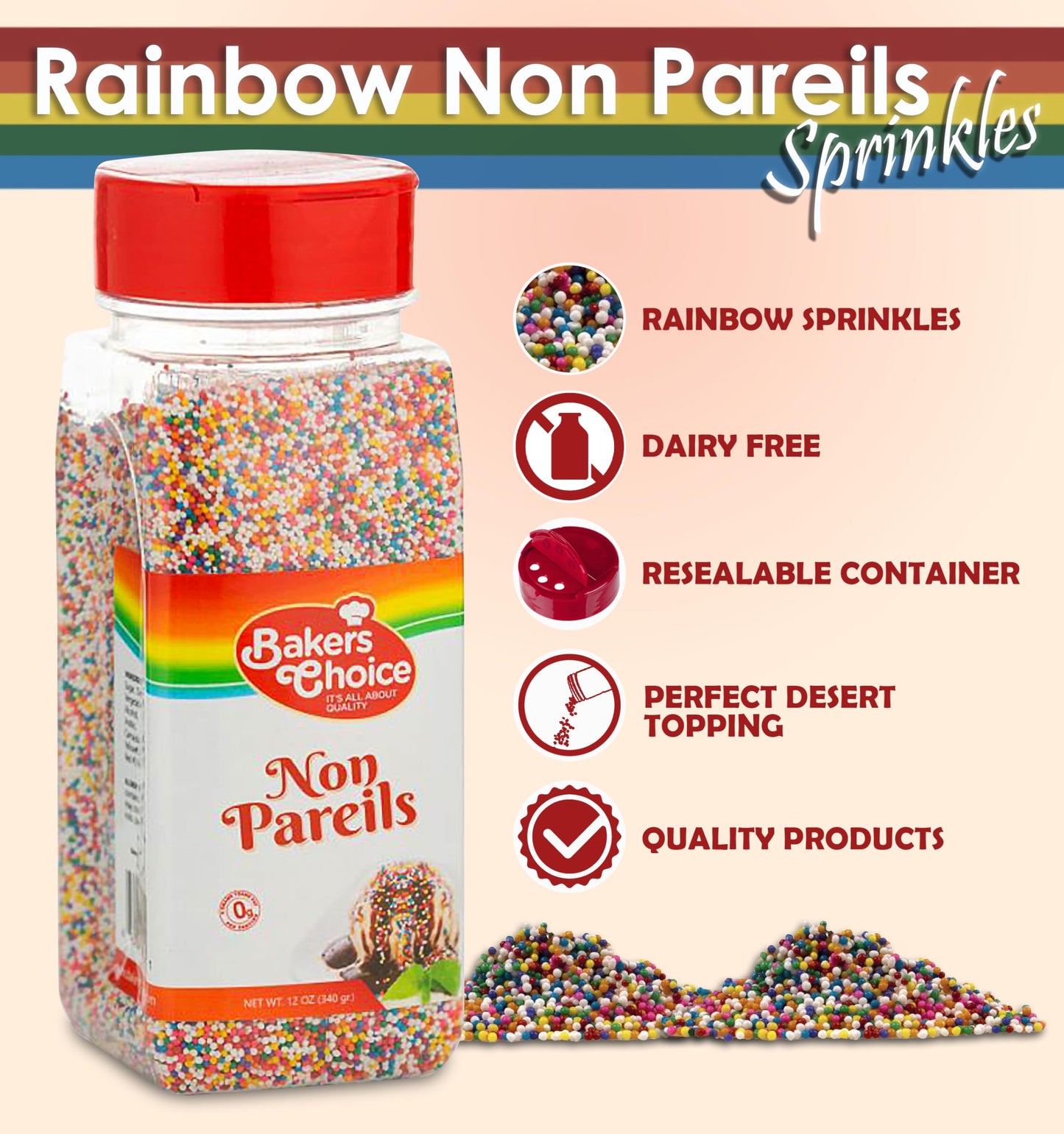 Bakers Choice Rainbow Nonpareils Sprinkles, Gluten Free, Dairy Free, 12 oz, Multicolored