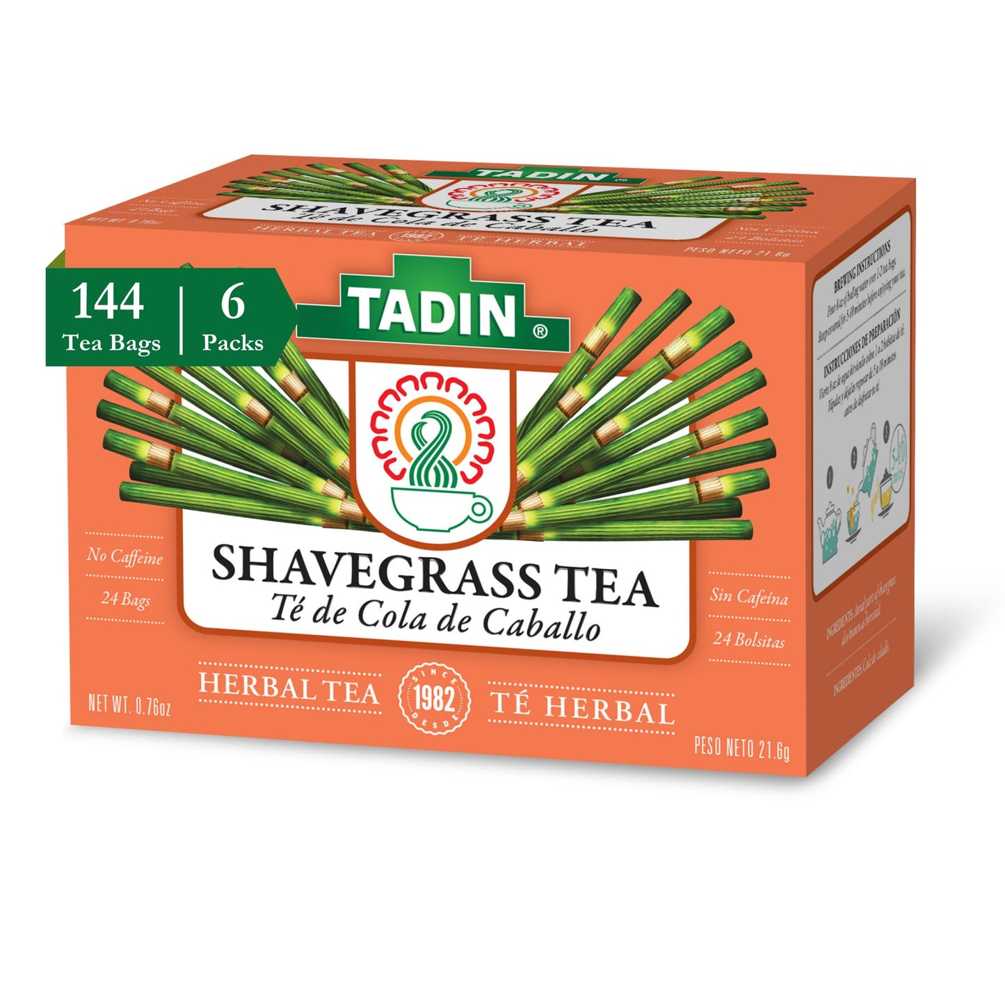 Tadin Shavegrass Tea - Herbal, Caffeine Free, 24 Tea Bags per Box, Pack of 6