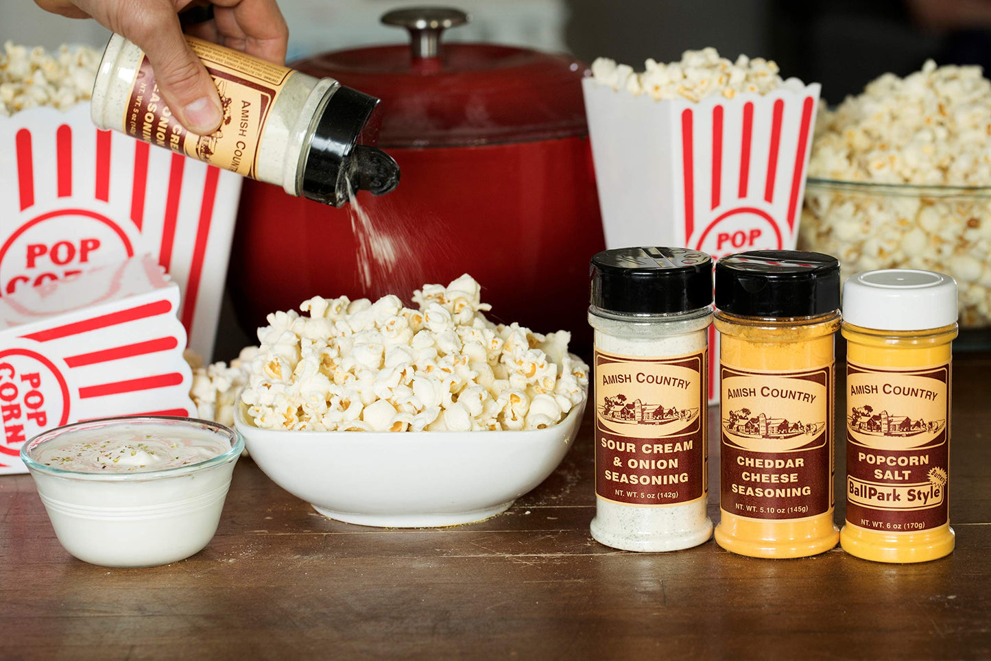 Amish Country Popcorn | Seasoning Variety Pack | 6 oz BallPark Style ButterSalt - 5.1 oz Cheddar Cheese & 5 oz Sour Cream and On