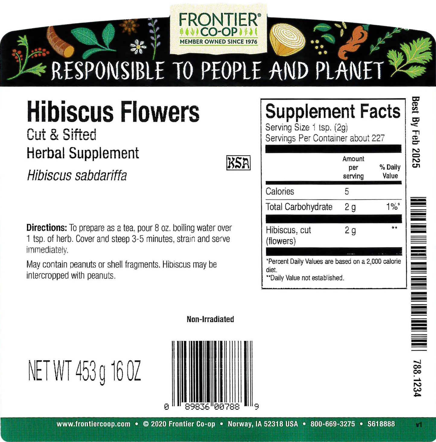 Frontier Co-op Hibiscus Flowers, Cut & Sifted, Kosher, 1 lb Bulk Bag