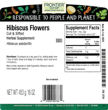 Frontier Co-op Hibiscus Flowers, Cut & Sifted, Kosher, 1 lb Bulk Bag