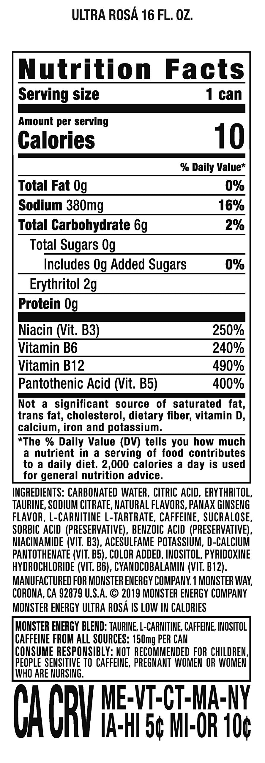 Monster Energy Ultra Rosa Sugar Free Energy Drink, 16 oz, 15 Pack