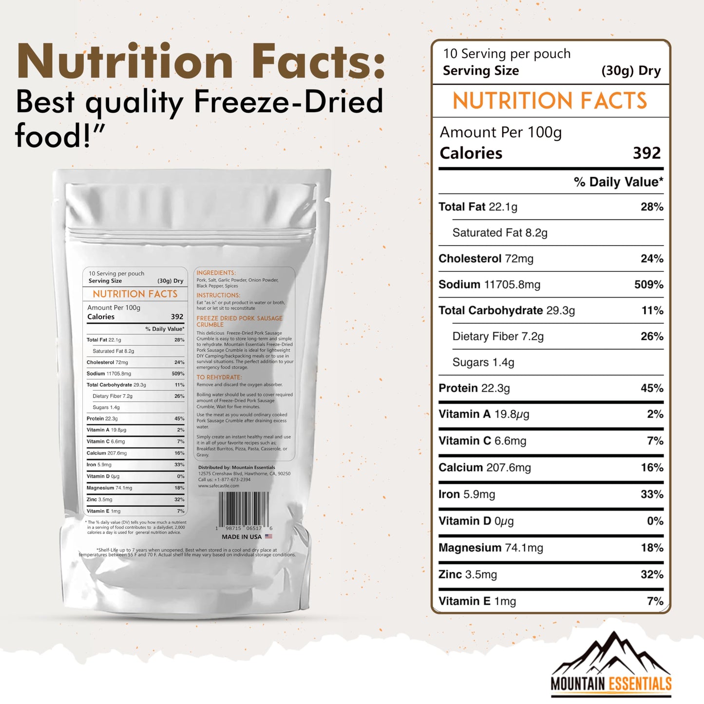 Mountain Essentials Freeze-Dried Pork Sausage Crumble – Fully Cooked & Ready To Eat | Traditional Flavor | Enhanced Quality Everyday Meals, Camping & Emergency Survival Food | 10 Servings | Made In Usa | 7-Year Shelf Life