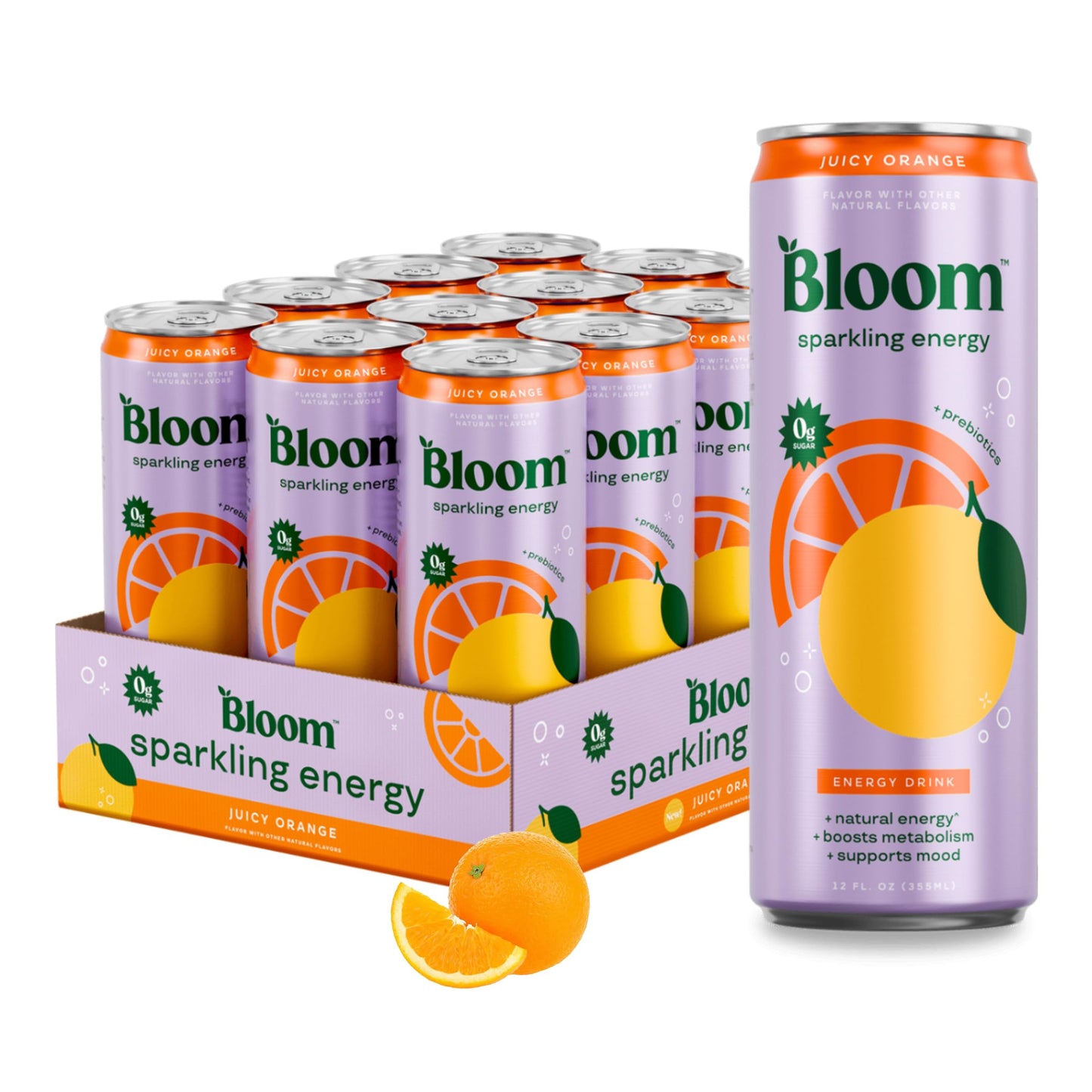 Bloom Nutrition Sparkling Energy Drink - Natural Caffeine  Zero Sugar  180mg Caffeine - Antioxidant-Rich with Green Coffee Bean  Green Tea Extract  Prebiotics - Orange - 12oz 12 Pack