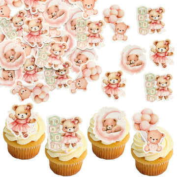 Gyufise 48Pcs Edible Baby Shower Bear Cupcake Toppers Wafer Paper Moon Baby Bear Baby Shower Cake Topper Decorations Jungle Anim