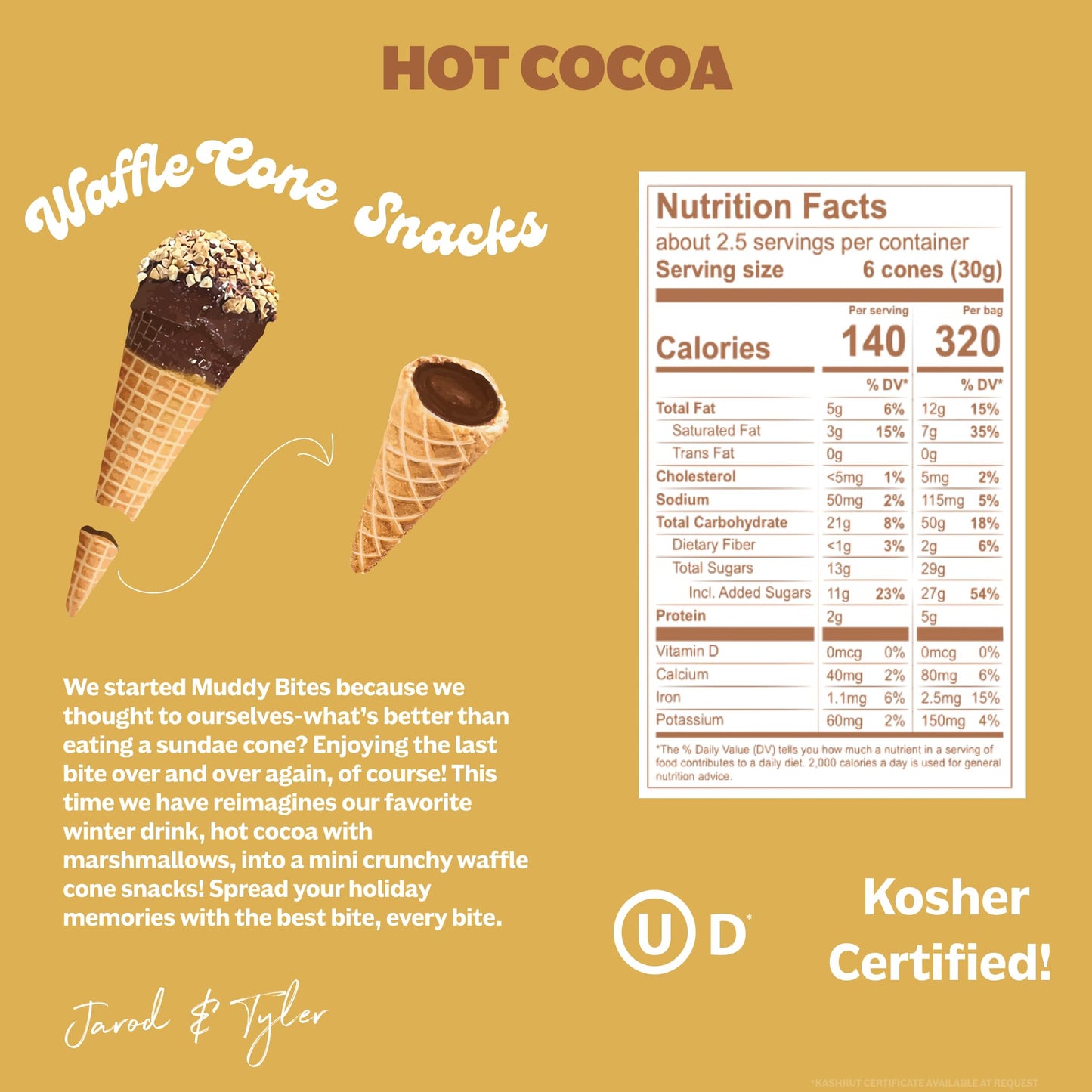 Muddy Bites Waffle Cone Snacks Bite Sized Chocolate Filled Waffle Cones For Snack Or Dessert, Hot Cocoa, Made With Cane Sugar, N
