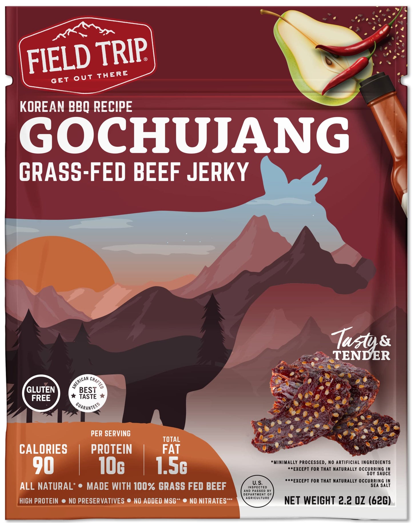 Field Trip Beef Jerky, Grass Fed, Gluten Free, High Protein, Low Carb, Gochujang Korean BBQ, 2.2oz Bag, 4 Pack