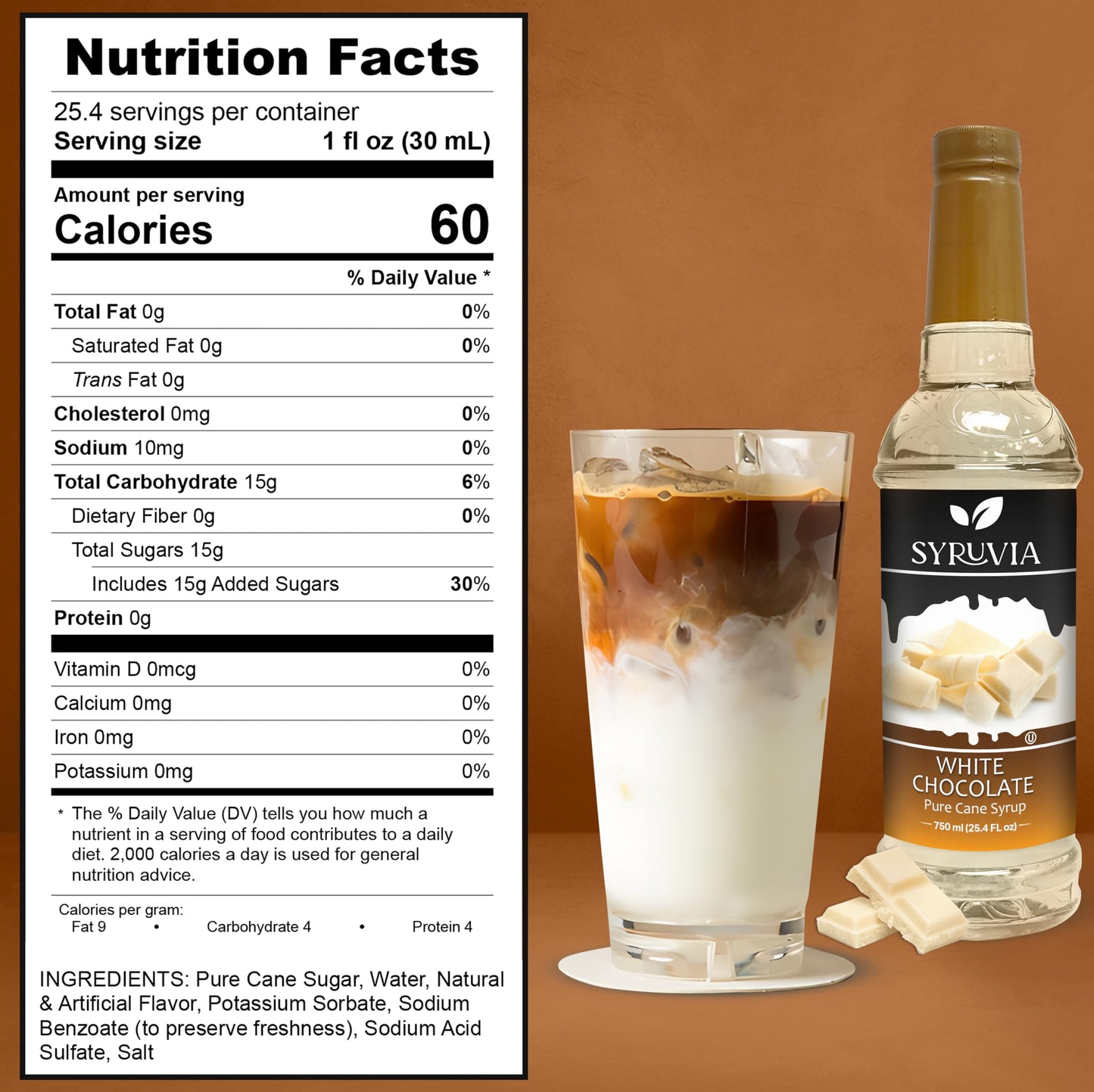 Syruvia White Chocolate Syrup - White Chocolate Coffee Syrup Flavor, 25.4 Fl Oz, Kosher, Gluten Free, Perfect For Coffee, Drinks