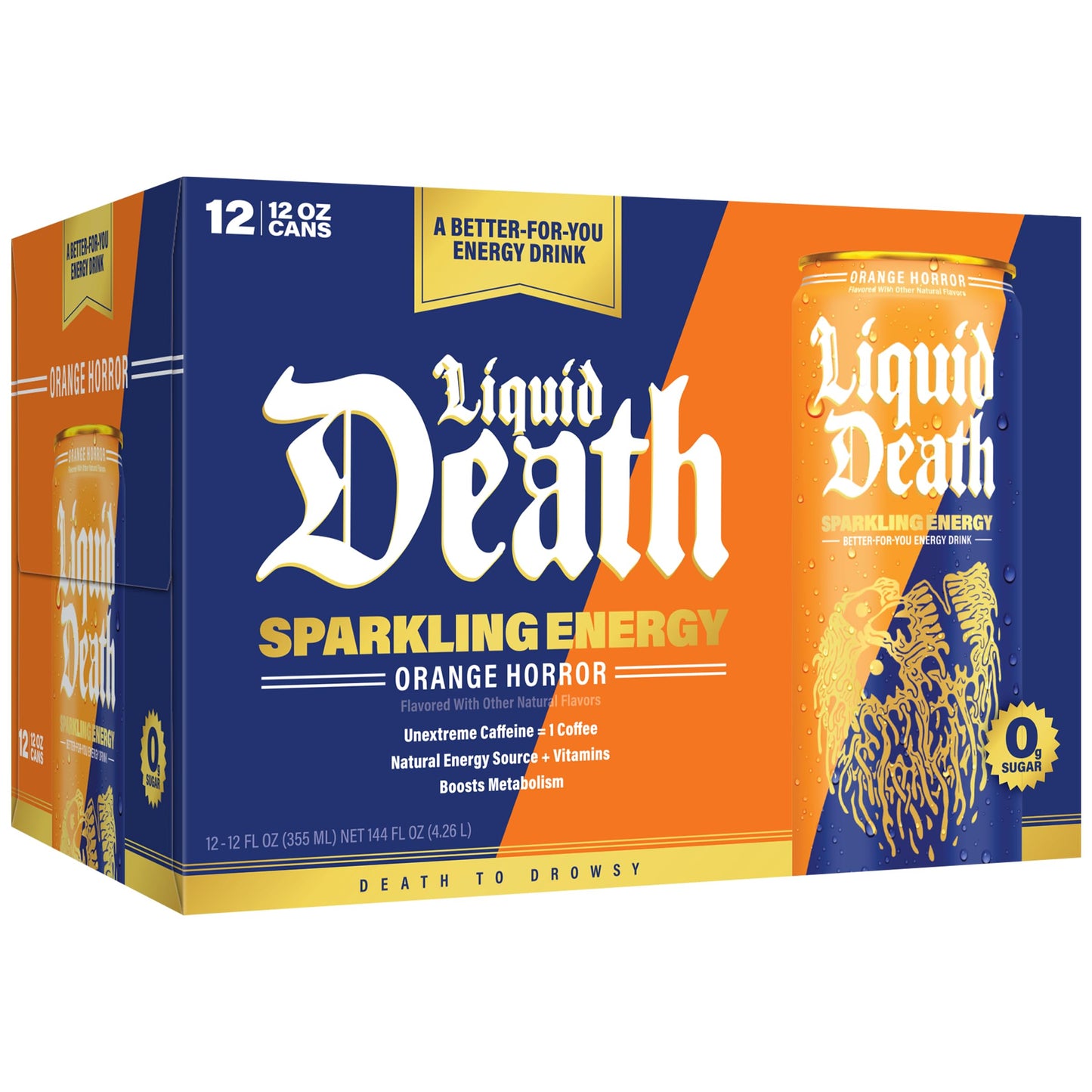 Liquid Death Sparkling Energy - Orange Horror (Orange and Cream Flavor)  Sugar-Free Energy Drink  Unextreme Caffeine 100mg  B Vitamins  12 Fl Oz (Pack of 12)