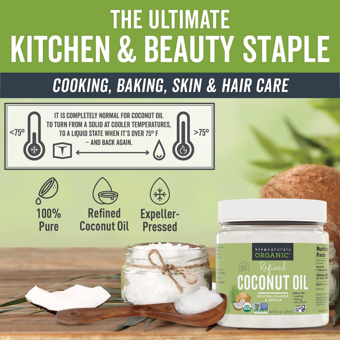 Viva Naturals Refined Coconut Oil - Expeller-Pressed Organic Coconut Oil For Cooking And Baking With Neutral Flavor & Aroma - Us