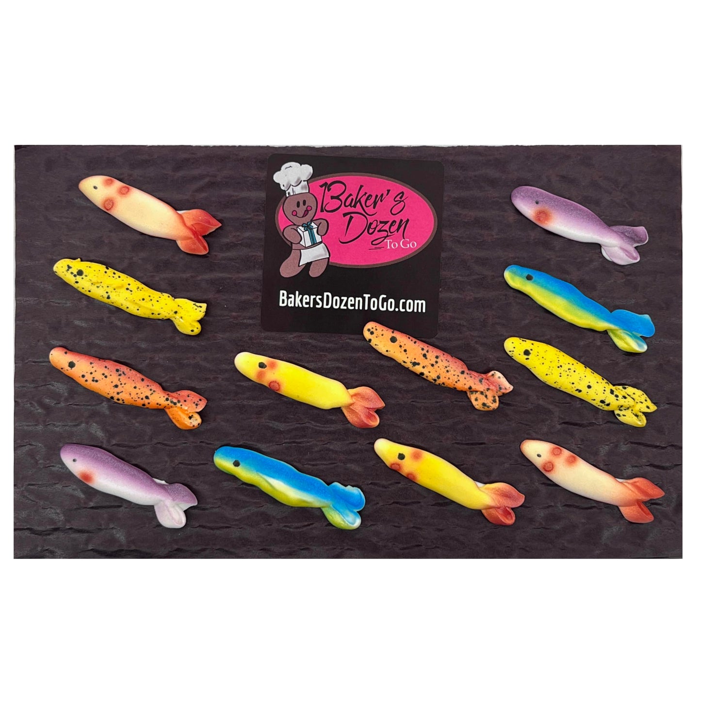 Mini Minnow Fishing Accessory Pack- 12 pcs Edible Icing Cake Decoration Topper by BakersDozenToGo (Choose Style Below)